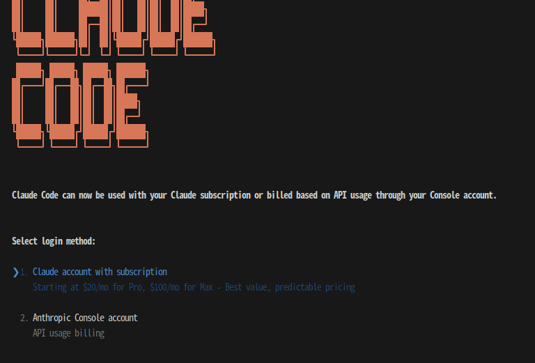 Login menu displayed in the terminal