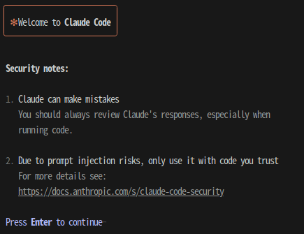 Security notes shown in the terminal