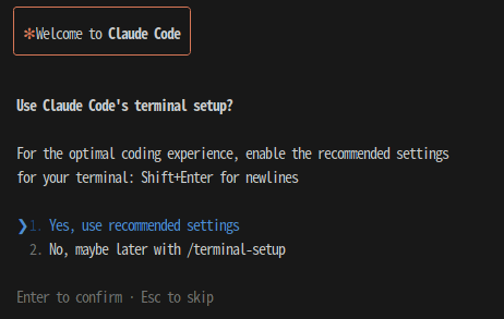 Prompt asking to apply recommended terminal settings