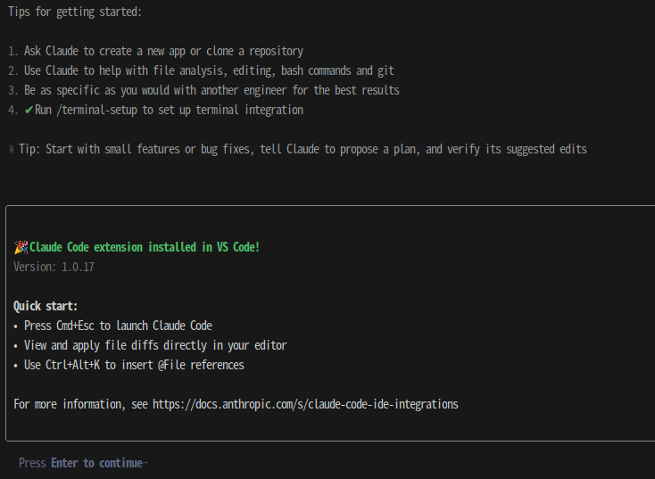 CLI message showing tips for getting started