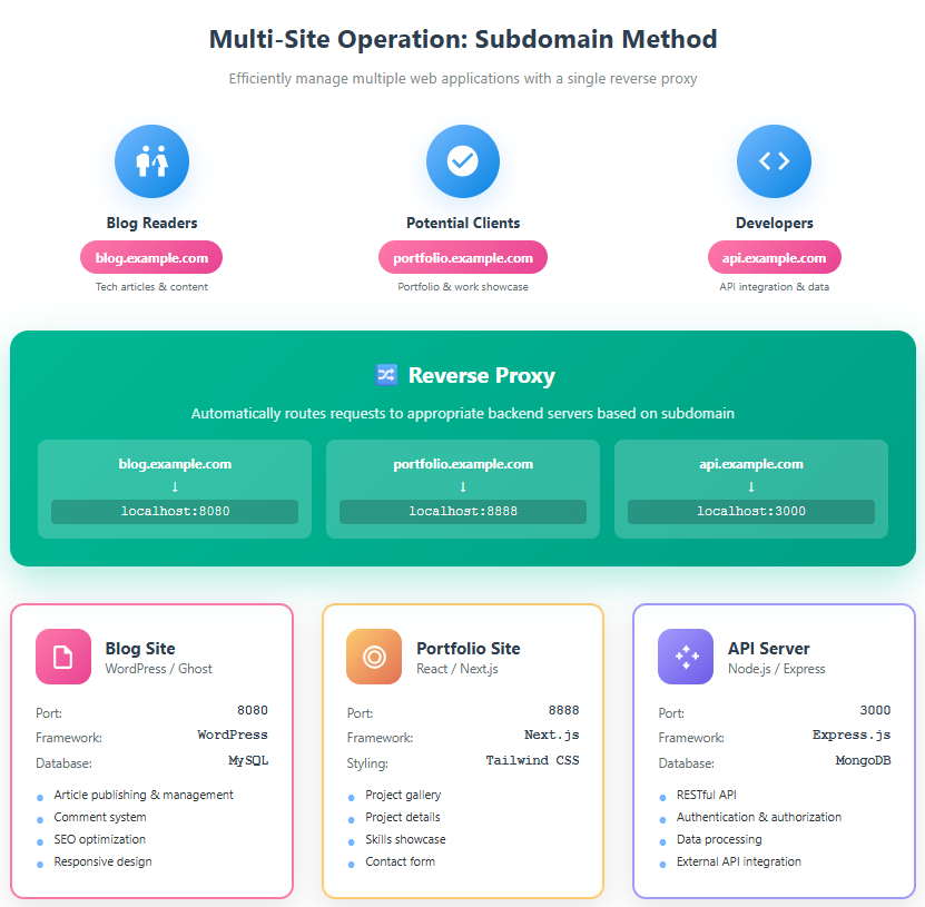 Multiple sites architecture diagram with subdomain-based routing