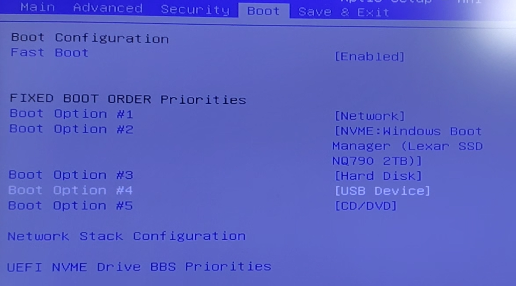 BIOS Boot settings screen showing Boot Option #1 set to Network