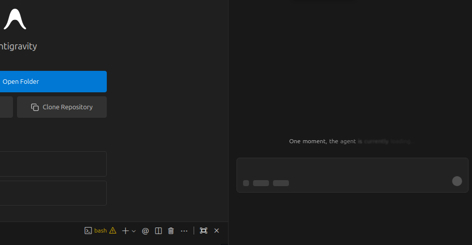 Antigravity chat window showing the loading message that never completes