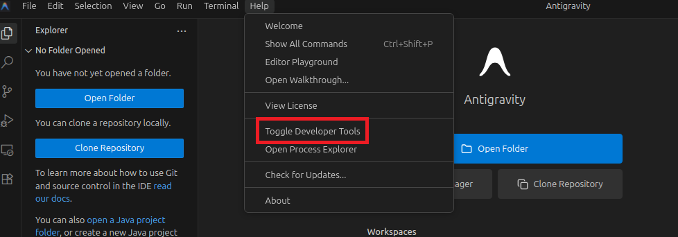 Developer Tools console in Antigravity showing error logs